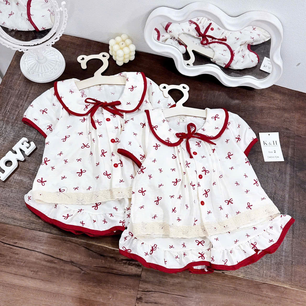 XẢ C185 - SET BỘ TRẮNG BÈO NƠ NHÍ PHỐI VIỀN ĐỎ