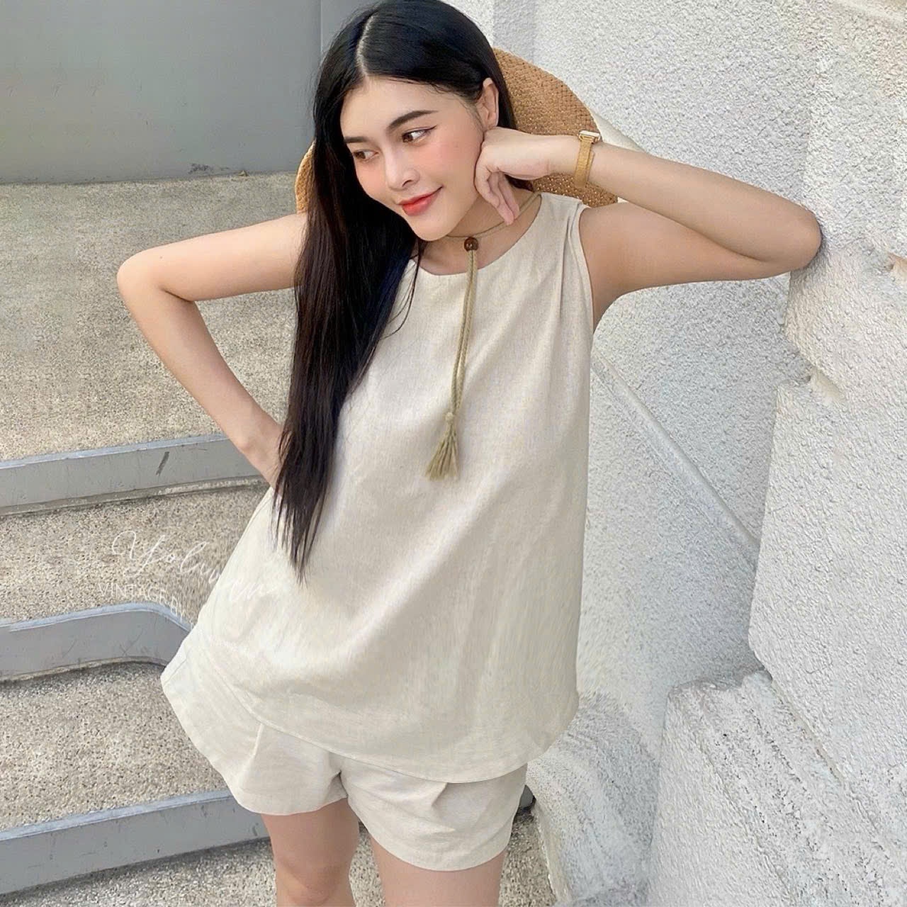 A907 - SET BỘ LINEN ÁO YẾM CÚC BỌC QUẦN SHORT