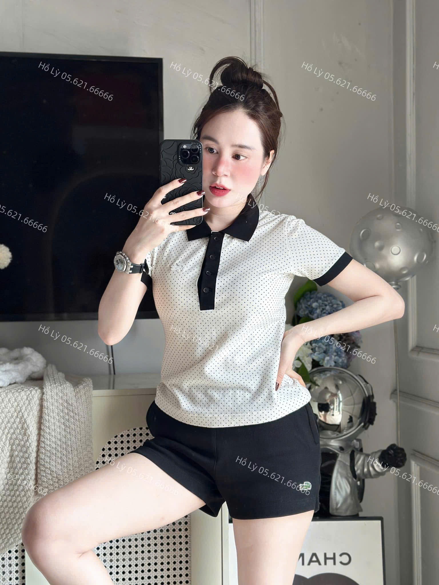 A652 - ÁO POLO CÁ SẤU TRẮNG CHẤM BI CỔ VIỀN TAY ĐEN