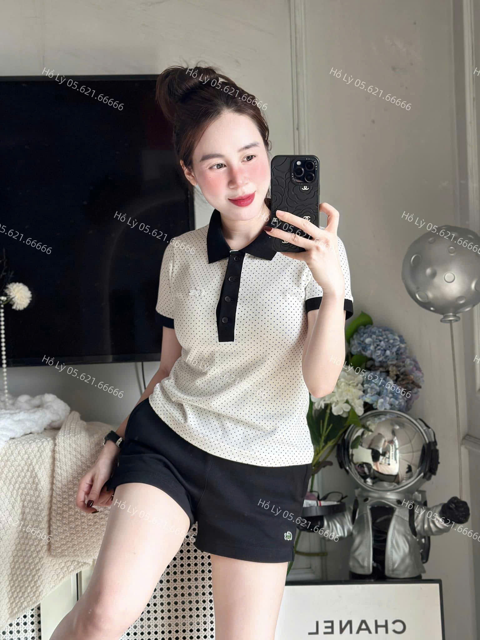 A652 - ÁO POLO CÁ SẤU TRẮNG CHẤM BI CỔ VIỀN TAY ĐEN