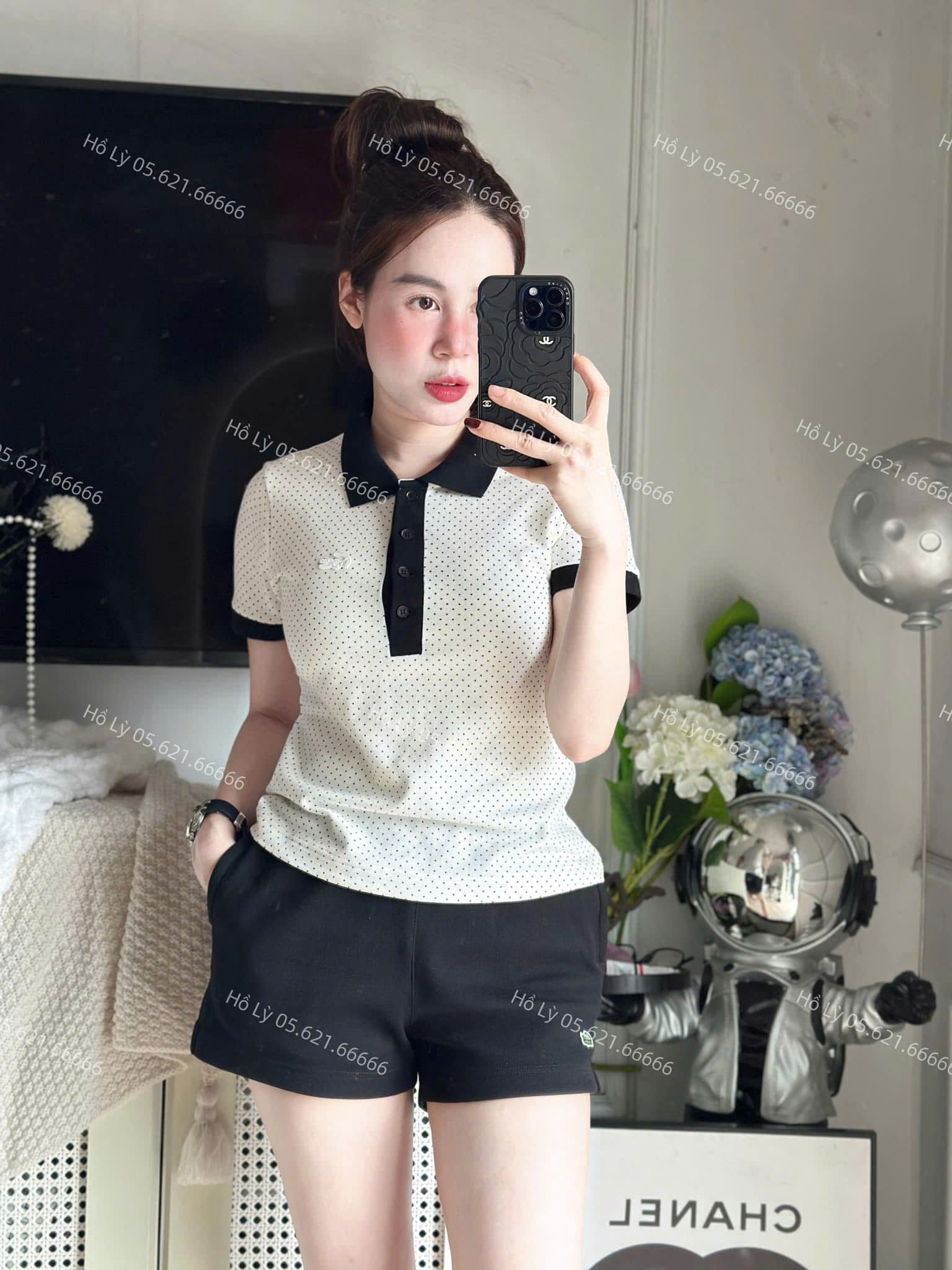 A652 - ÁO POLO CÁ SẤU TRẮNG CHẤM BI CỔ VIỀN TAY ĐEN