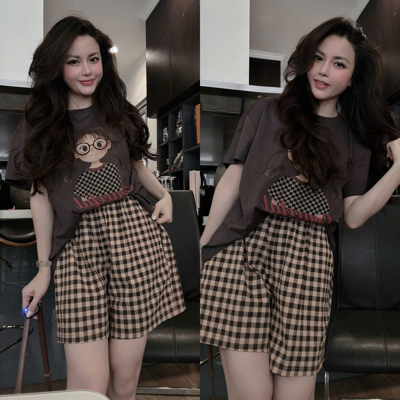 A553 - (GOM) SET BỘ NÂU CÔ GÁI MIX QUẦN KẺ