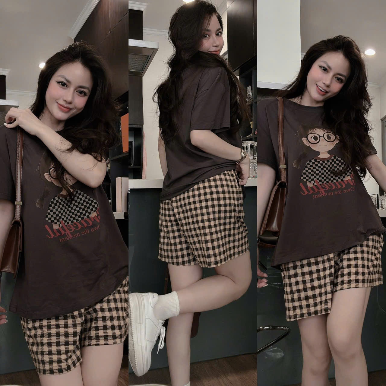 A553 - (GOM) SET BỘ NÂU CÔ GÁI MIX QUẦN KẺ