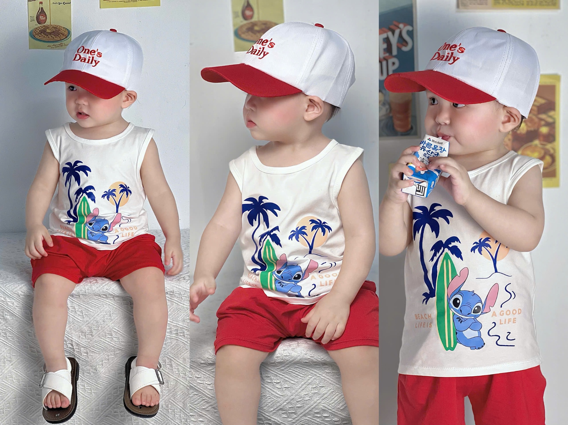 A168 - SET 2 BỘ BA LỖ XANH ÁO TRẮNG QUẦN ĐỎ