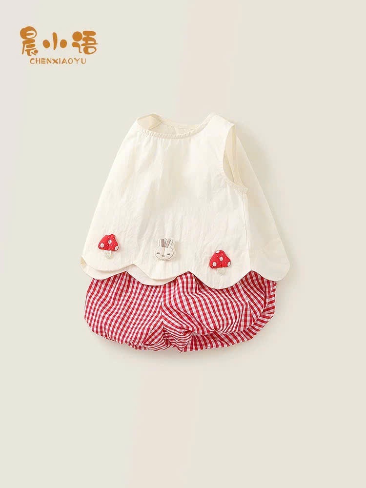 B838 - SET ÁO TRẮNG THỎ NẤM QUẦN BÌ CARO ĐỎ