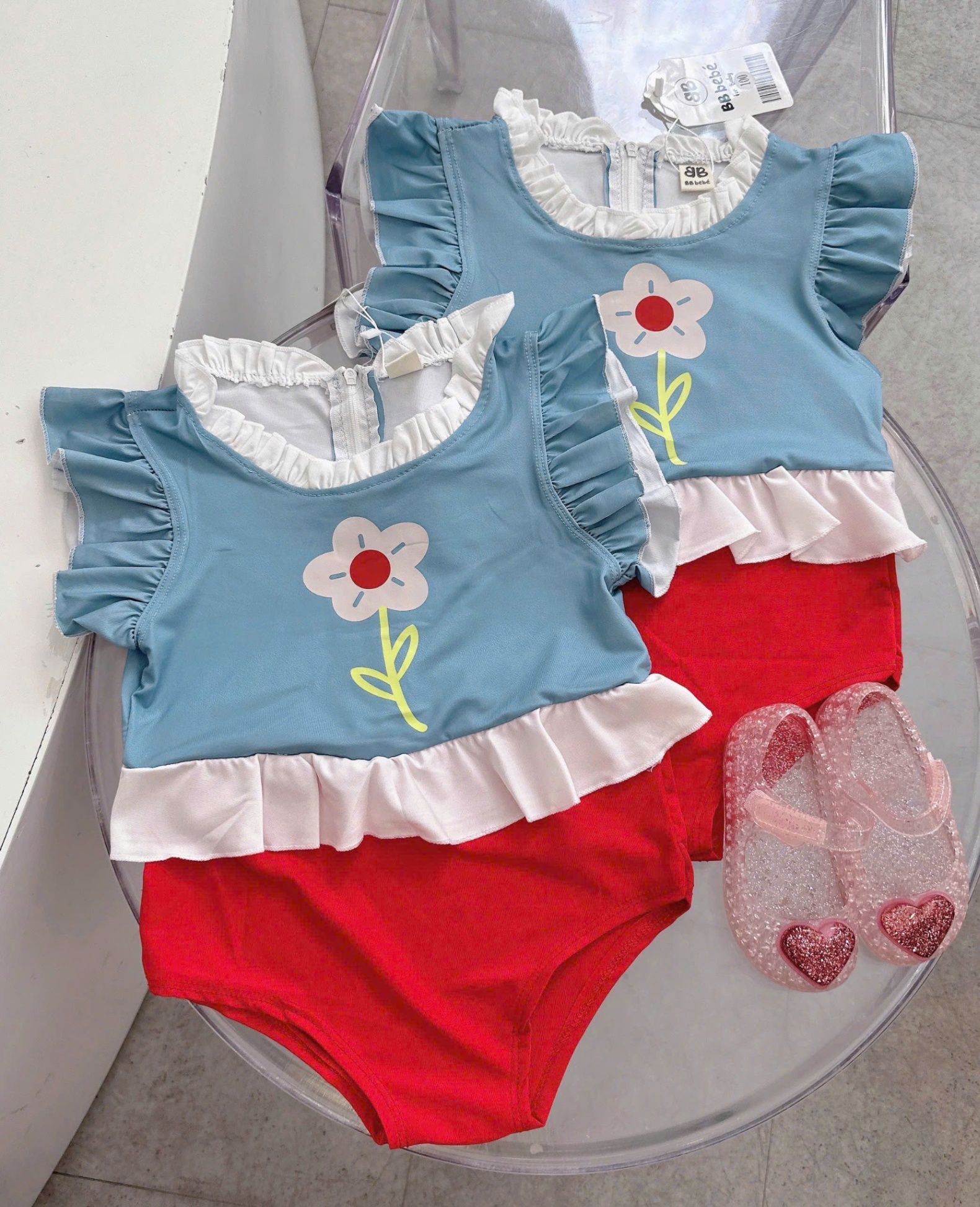 C223 - SET BƠI ÁO XANH CÁNH TIÊN HOA QUẦN ĐỎ
