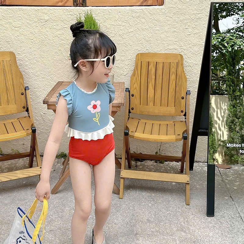 C223 - SET BƠI ÁO XANH CÁNH TIÊN HOA QUẦN ĐỎ