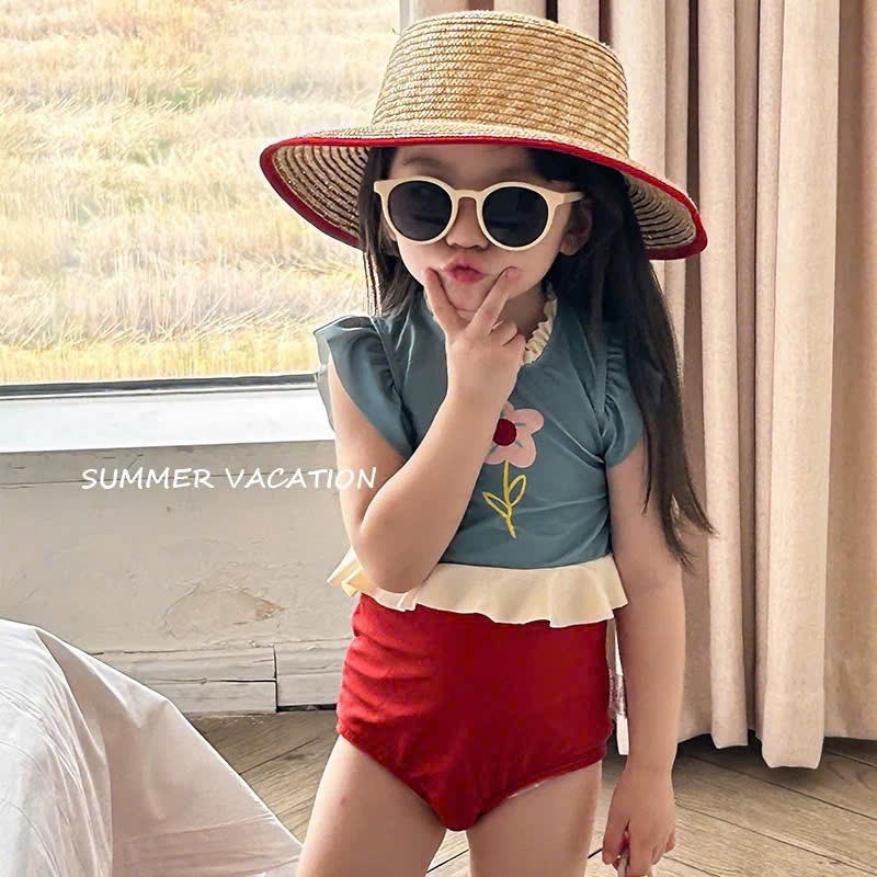 C223 - SET BƠI ÁO XANH CÁNH TIÊN HOA QUẦN ĐỎ