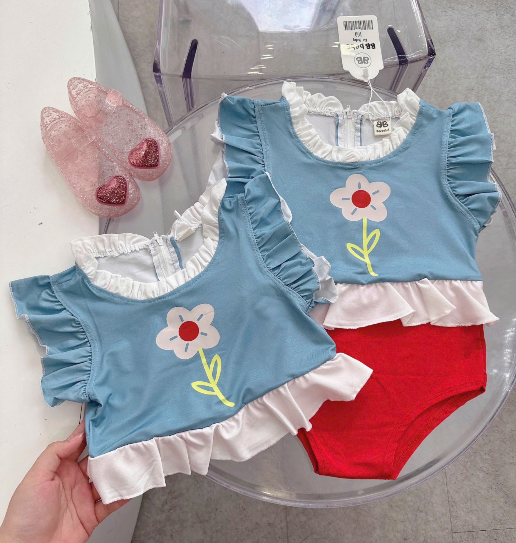 C223 - SET BƠI ÁO XANH CÁNH TIÊN HOA QUẦN ĐỎ