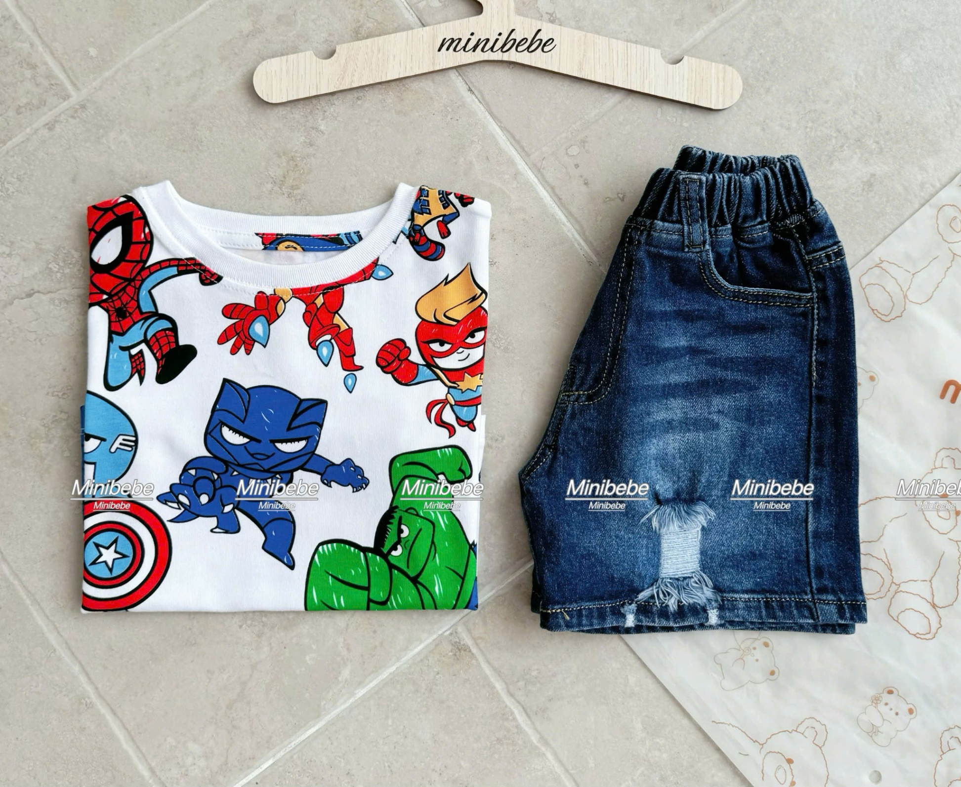 B110 - SET BỘ ANH HÙNG MARVEL TRẮNG QUẦN JEAN