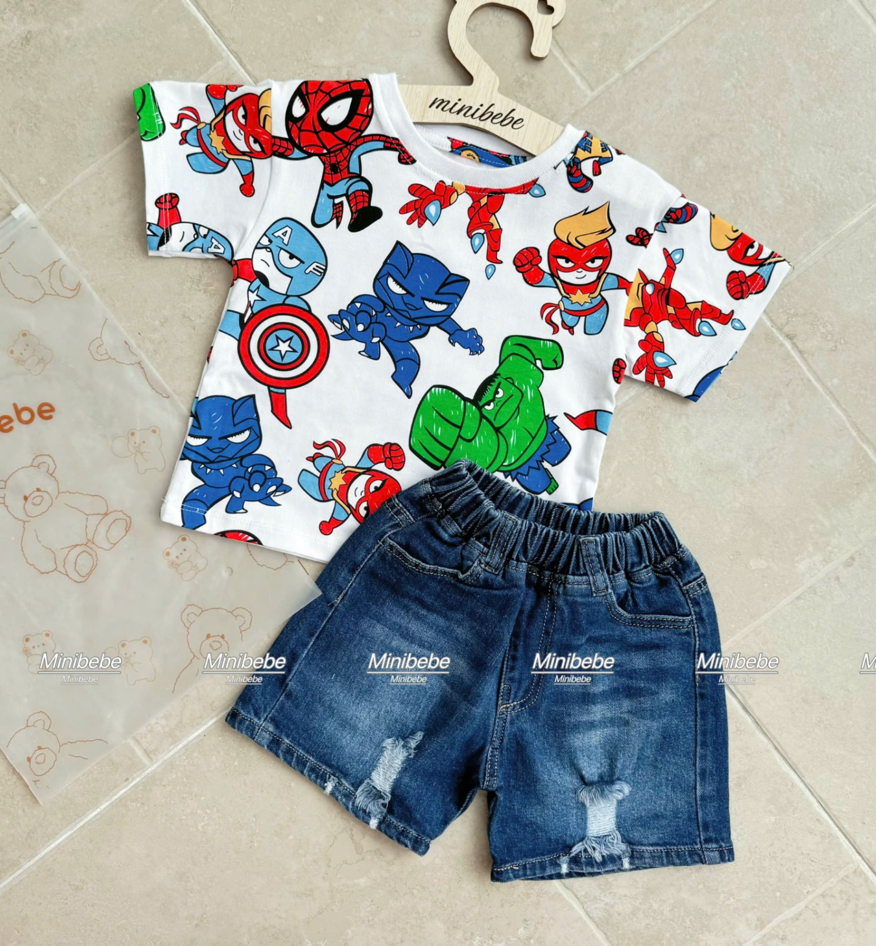 B110 - SET BỘ ANH HÙNG MARVEL TRẮNG QUẦN JEAN