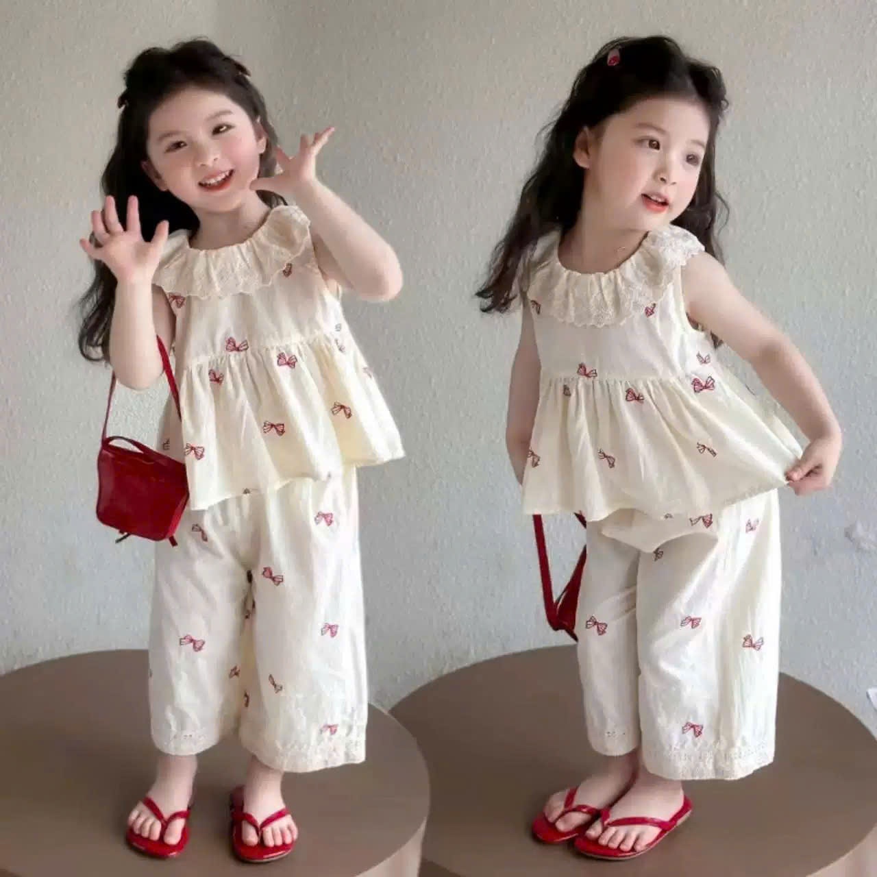B745 - SET BỘ ĐŨI KEM IN NƠ ĐỎ CỔ VIỀN BÈO