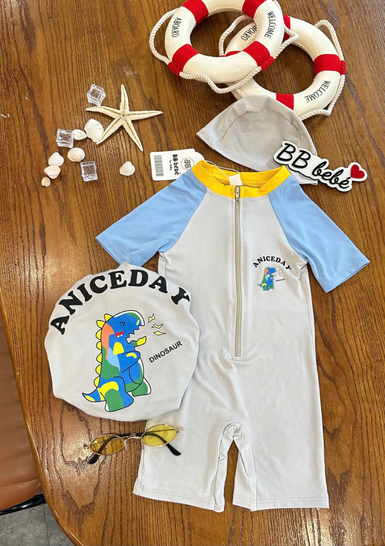 B972 - SET BỘ BƠI ANICEDAY TAY PHỐI XANH CỔ VIỀN VÀNG