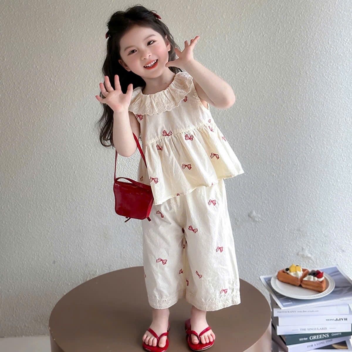 B745 - SET BỘ ĐŨI KEM IN NƠ ĐỎ CỔ VIỀN BÈO