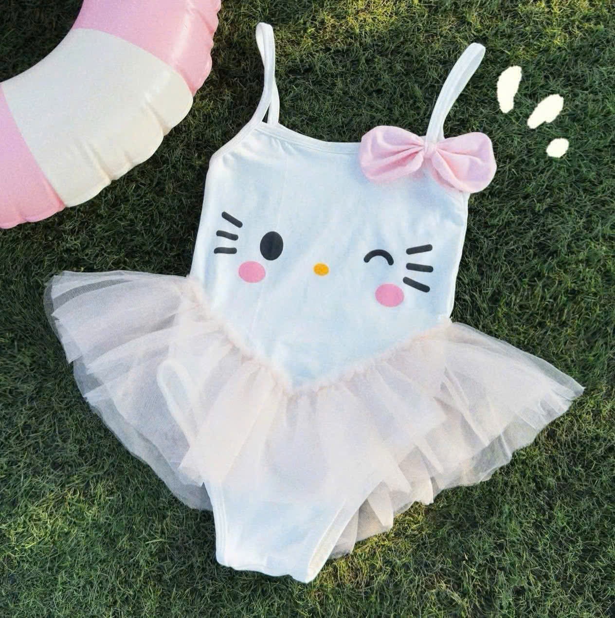 B917 -(GOM) BIKINI 2 DÂY KITTY TRẮNG VOAN BỒNG XOÈ CHO BÉ GÁI