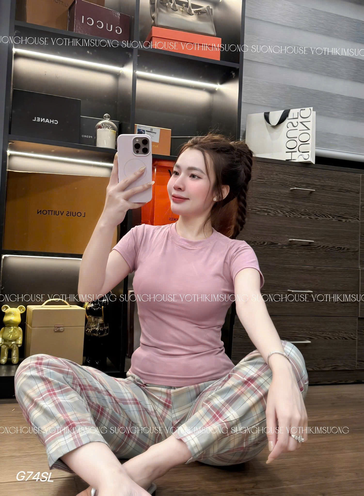 A638 - (GOM) SET ÁO THUN HỒNG QUẦN CARO HỒNG XANH