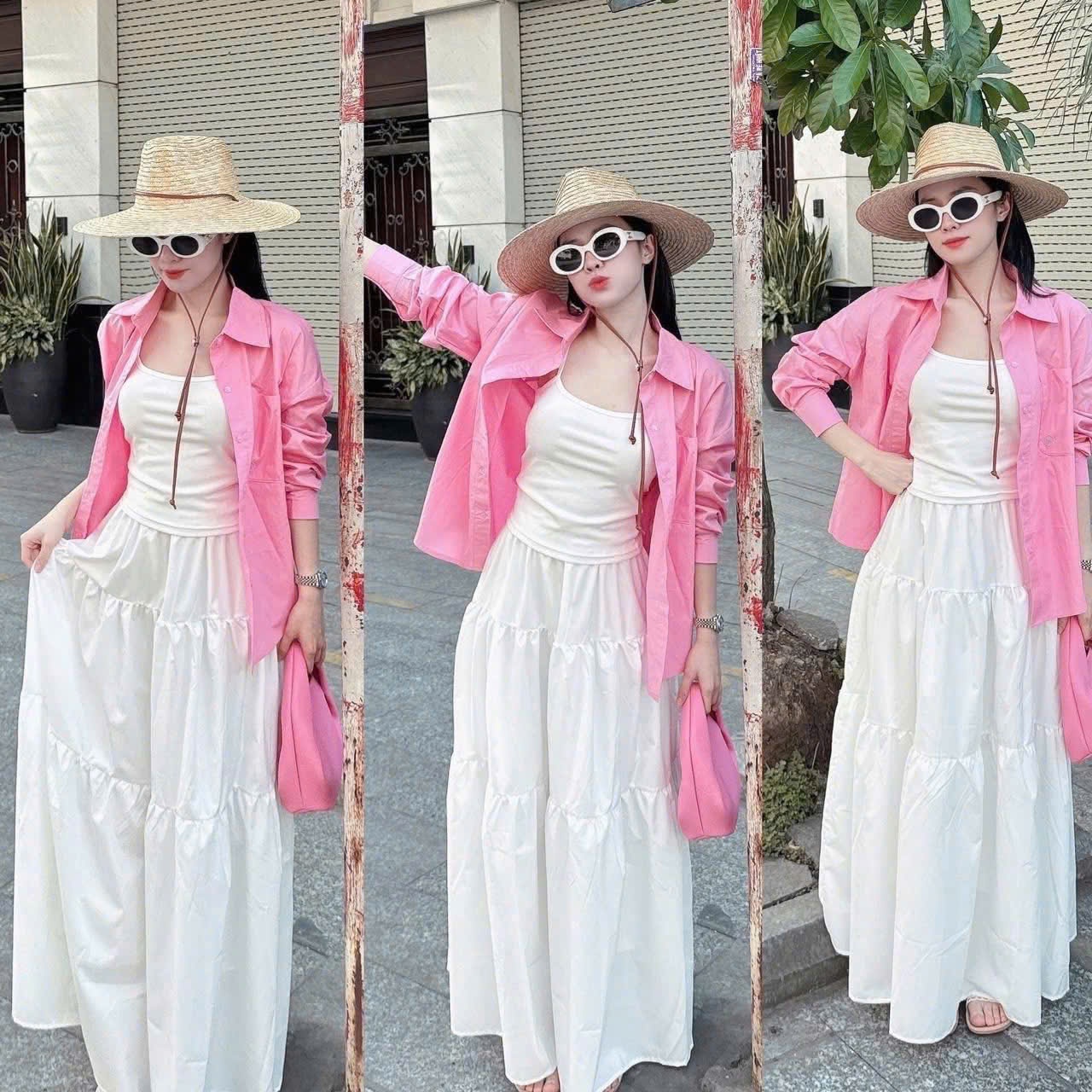 C304 -(GOM) SET 3 MÓN SƠ MI HỒNG ÁO 2 DÂY CHÂN VÁY TRẮNG