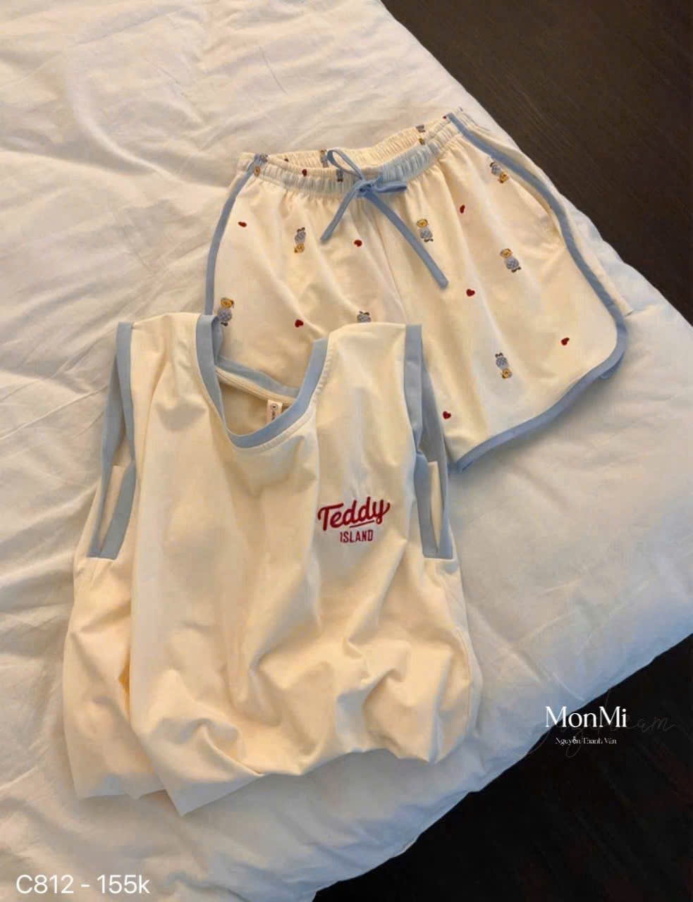 A295 - (GOM) SET BỘ BA LỖ VIỀN XANH TEDDY CHỮ ĐỎ
