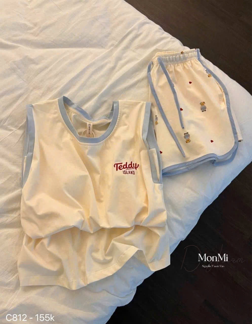 A295 - (GOM) SET BỘ BA LỖ VIỀN XANH TEDDY CHỮ ĐỎ