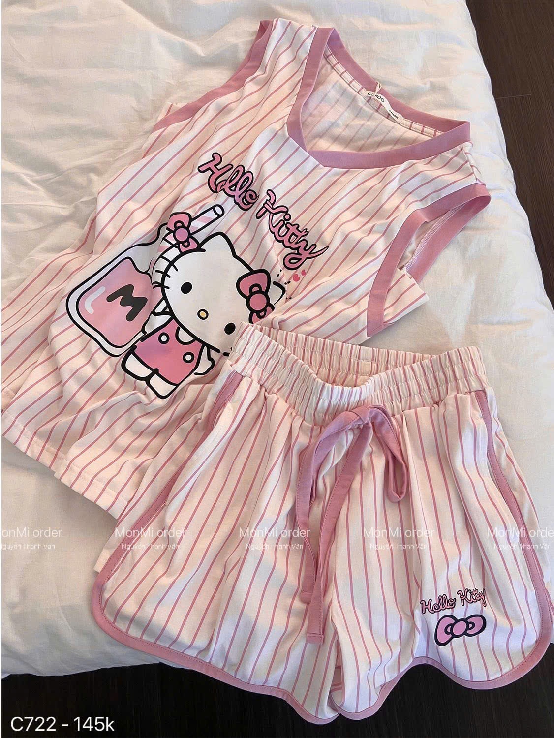 A898 - SET BỘ HELLO KITTY KẺ SỌC HỒNG BA LỖ QUẦN CỘC