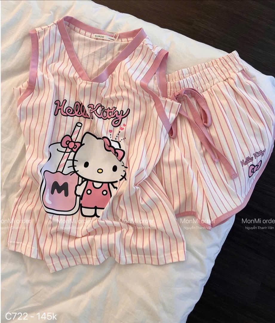 A898 - SET BỘ HELLO KITTY KẺ SỌC HỒNG BA LỖ QUẦN CỘC