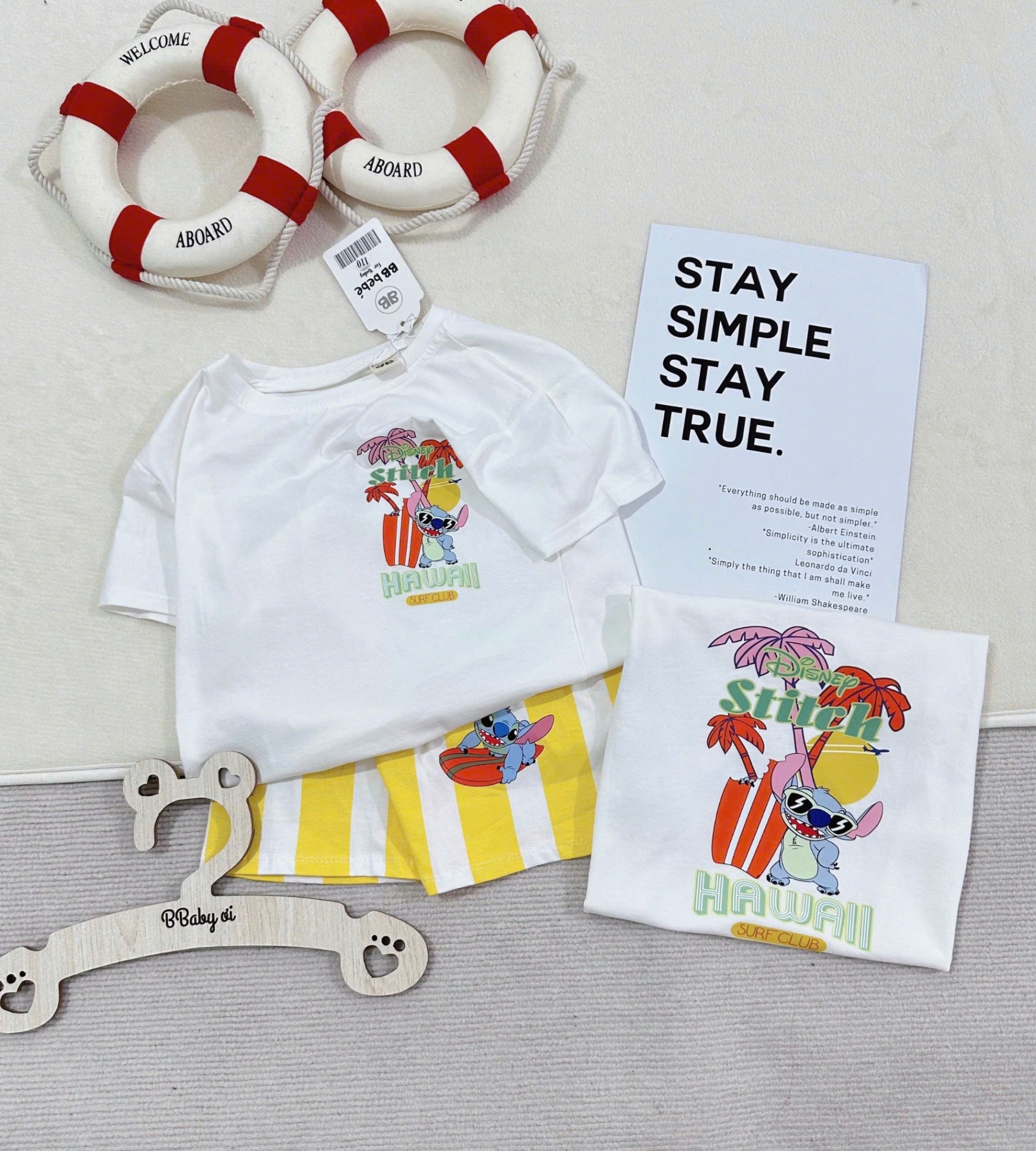 B259 - SET ÁO PHÔNG TRẮNG STITCH HAWAI QUẦN SỌC VÀNG