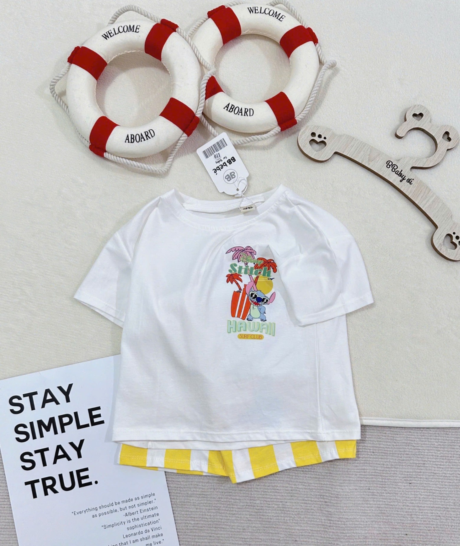 B259 - SET ÁO PHÔNG TRẮNG STITCH HAWAI QUẦN SỌC VÀNG