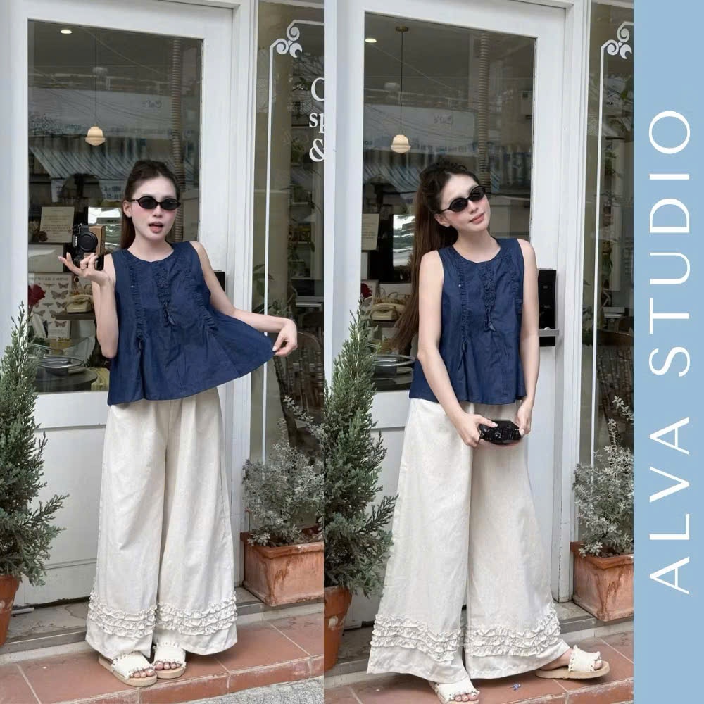 B971 - SET ÁO BABYDOLL THAN NHÚN QUẦN BE DÀI