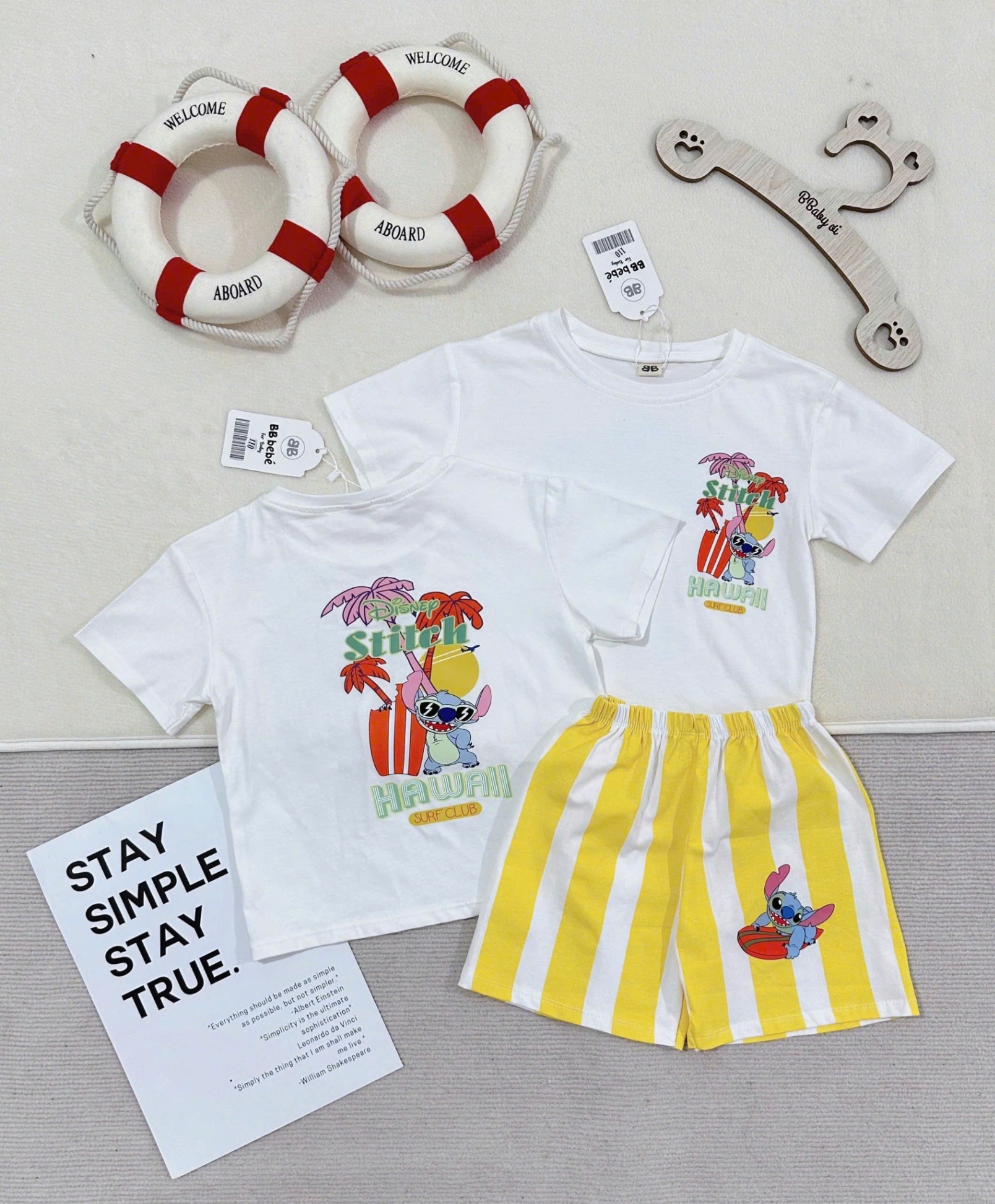 B259 - SET ÁO PHÔNG TRẮNG STITCH HAWAI QUẦN SỌC VÀNG