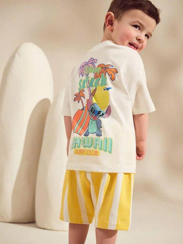 B259 - SET ÁO PHÔNG TRẮNG STITCH HAWAI QUẦN SỌC VÀNG