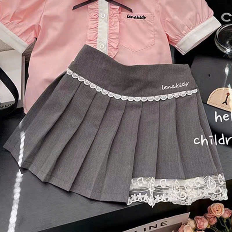 A912 - SET ÁO SƠ MI HỒNG CỔ SEN TRẮNG CV MÌ XÁM XẾP LY
