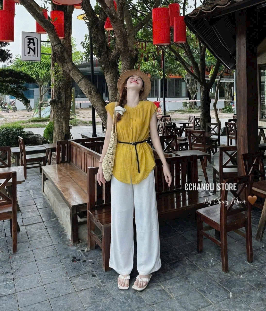 A809 - (GOM) SET ÁO VÀNG SÁT NÁCH QUẦN DÀI BE KÈM THẮT LƯNG