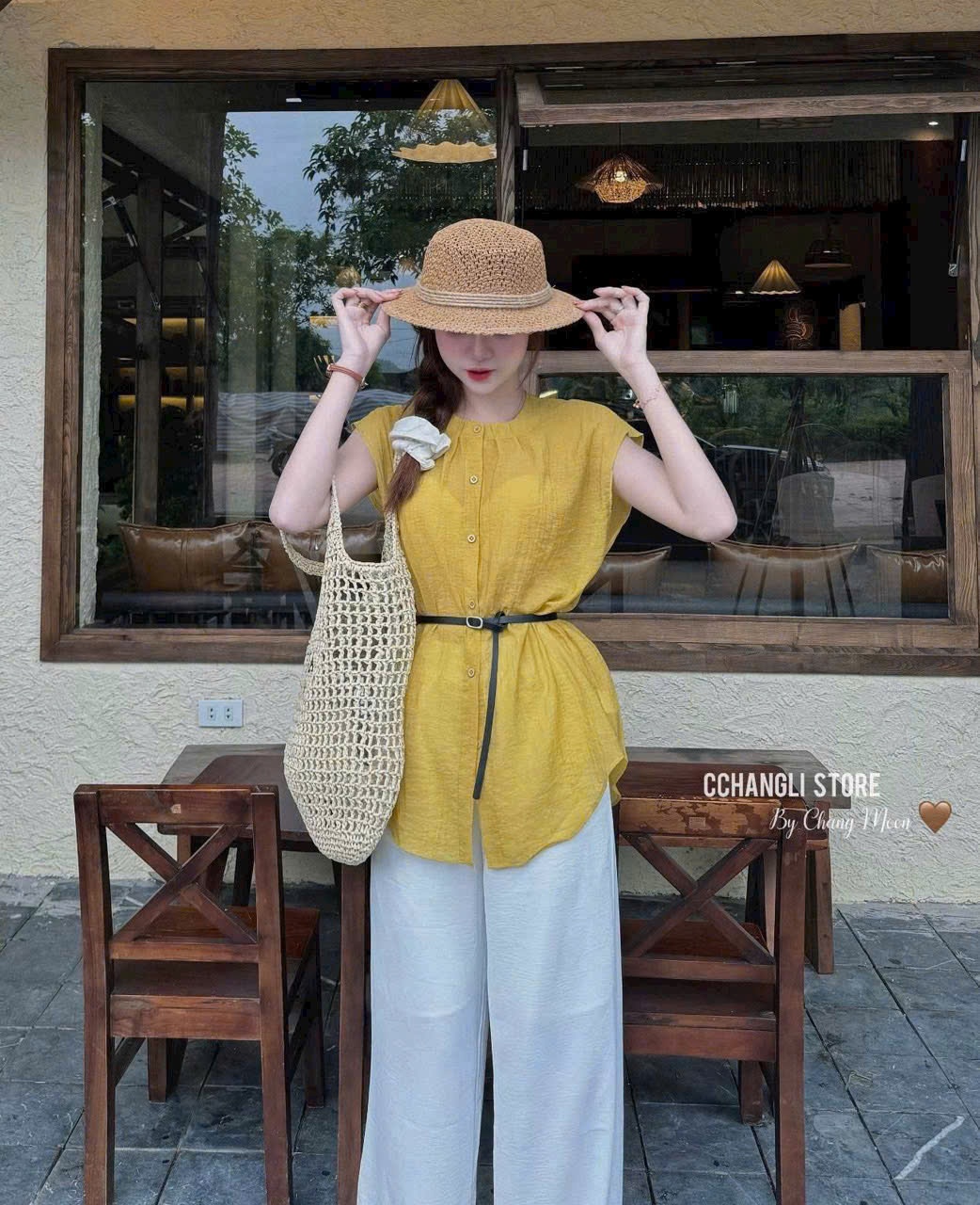A809 - (GOM) SET ÁO VÀNG SÁT NÁCH QUẦN DÀI BE KÈM THẮT LƯNG