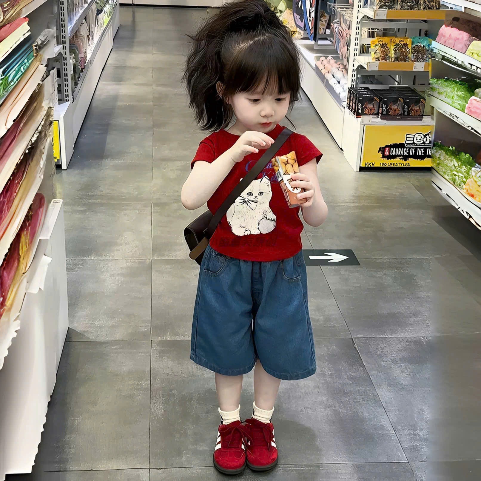 A621 - SET ÁO ĐỎ MÈO TRẮNG QUẦN JEAN NGỐ
