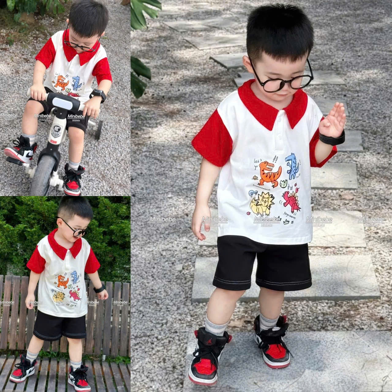 A982 - SET ÁO TRẮNG KHỦNG LONG CỔ BẺ TAY PHỐI ĐỎ