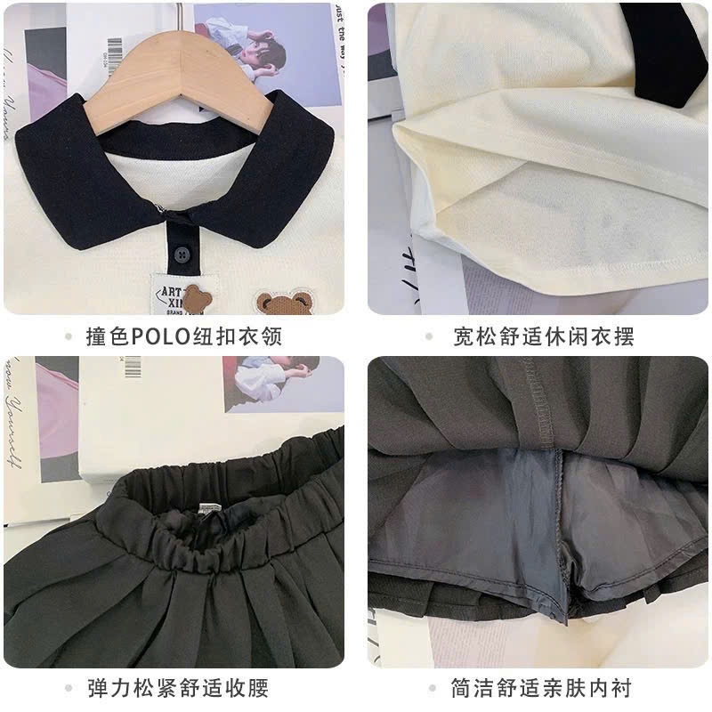B752 - SET ÁO POLO GẤU CÀI CÀ VẠT CV XẾP LY ĐEN