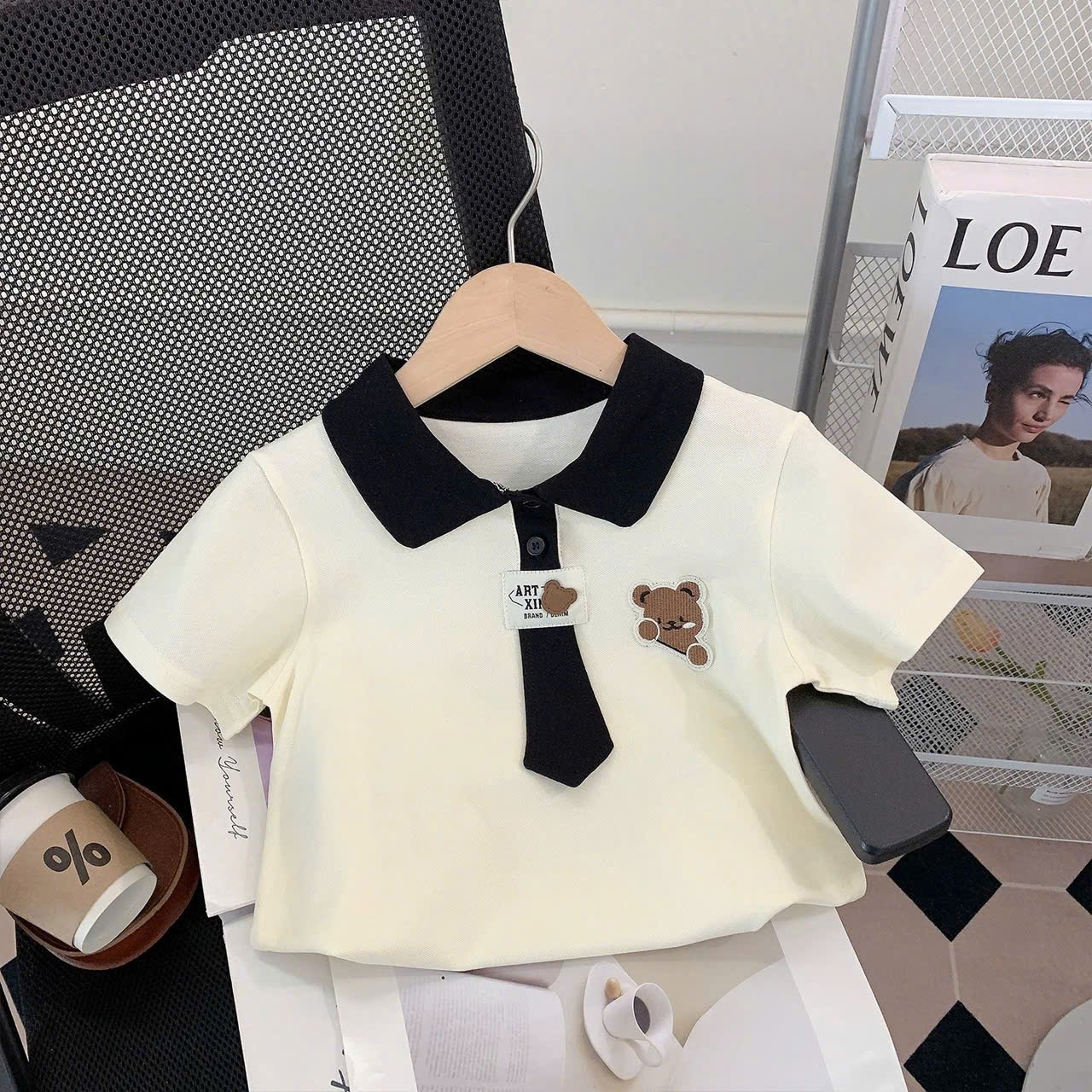 B752 - SET ÁO POLO GẤU CÀI CÀ VẠT CV XẾP LY ĐEN