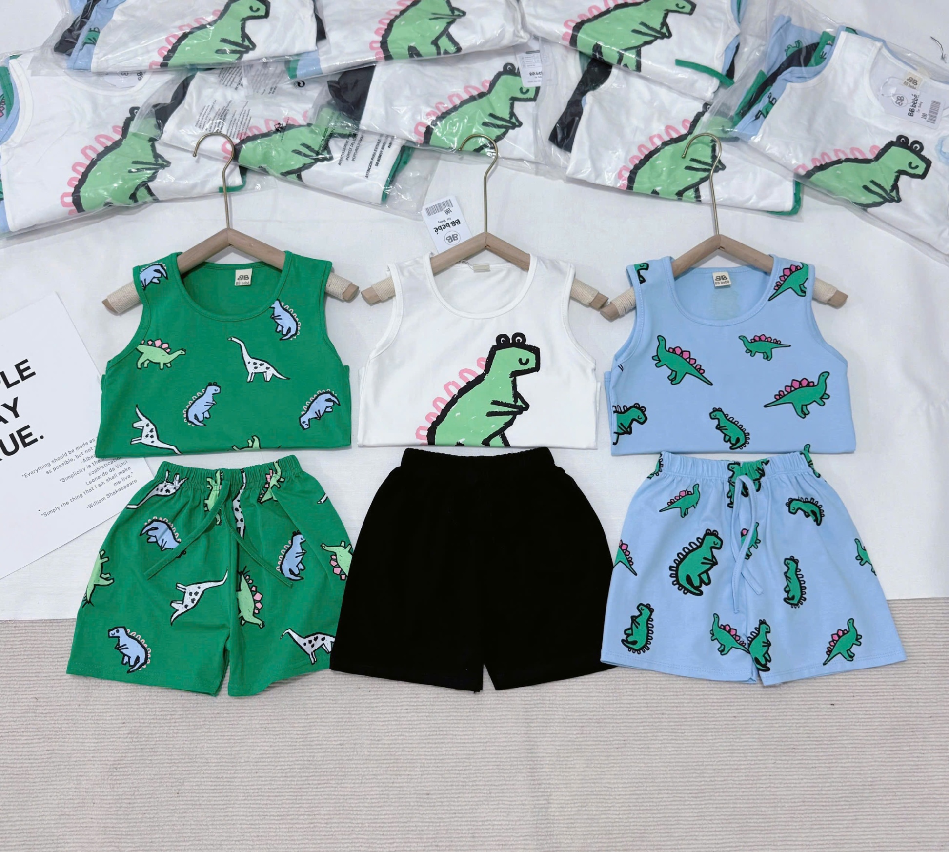 C301 - SET 3 BỘ KHỦNG LONG IN TRÀN TRẮNG XANH