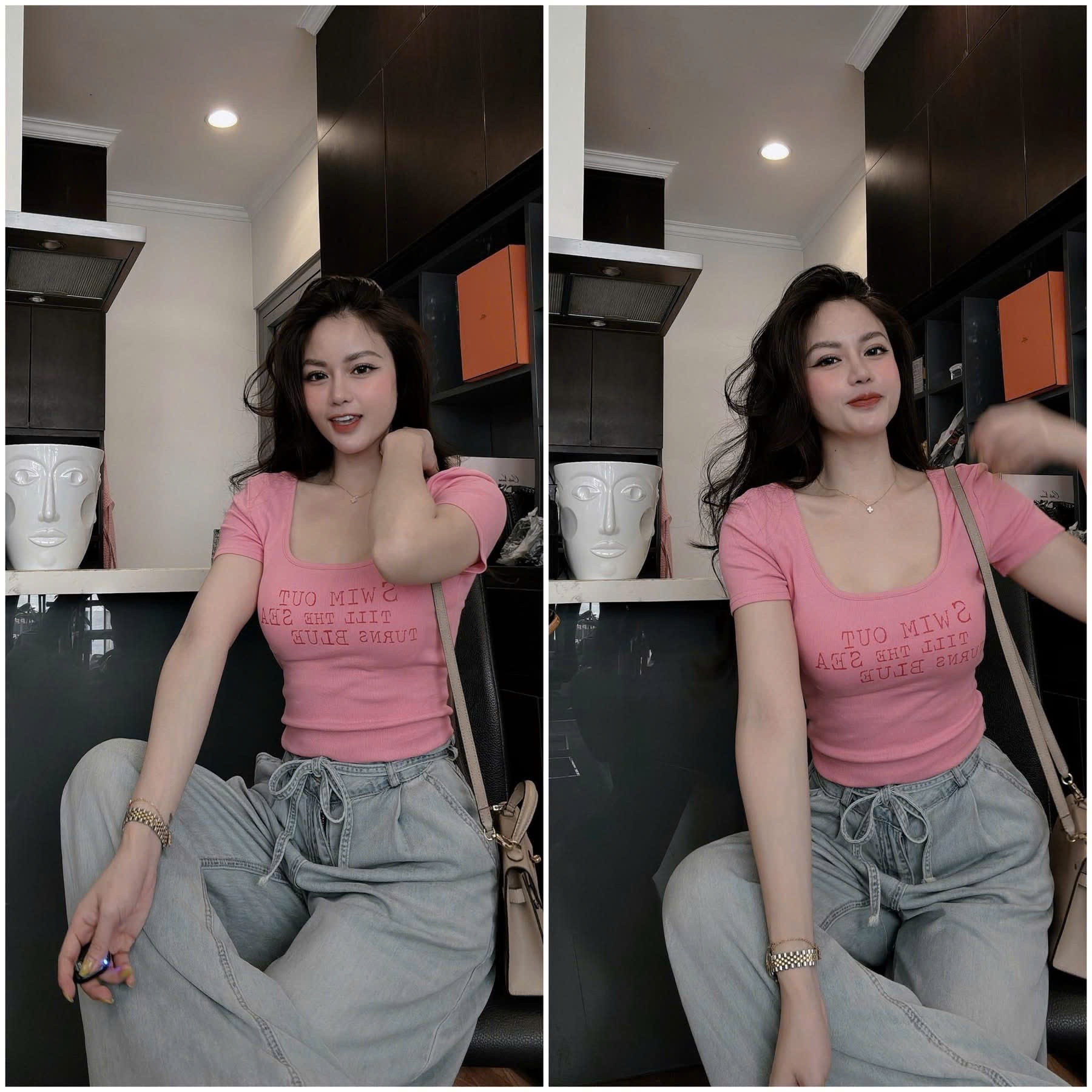 B594 - SET ÁO TĂM HỒNG CHỮ QUẦN JEAN MỀM