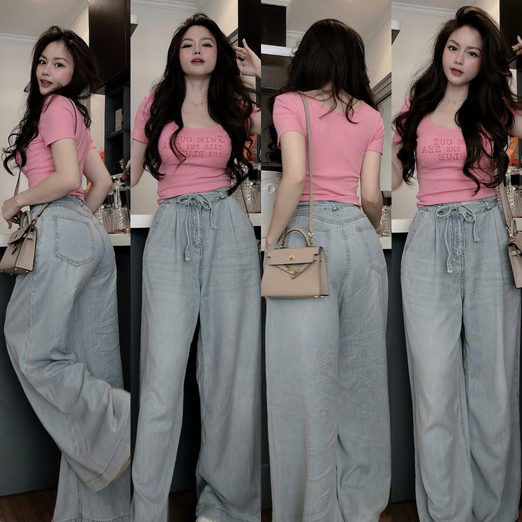B594 - SET ÁO TĂM HỒNG CHỮ QUẦN JEAN MỀM