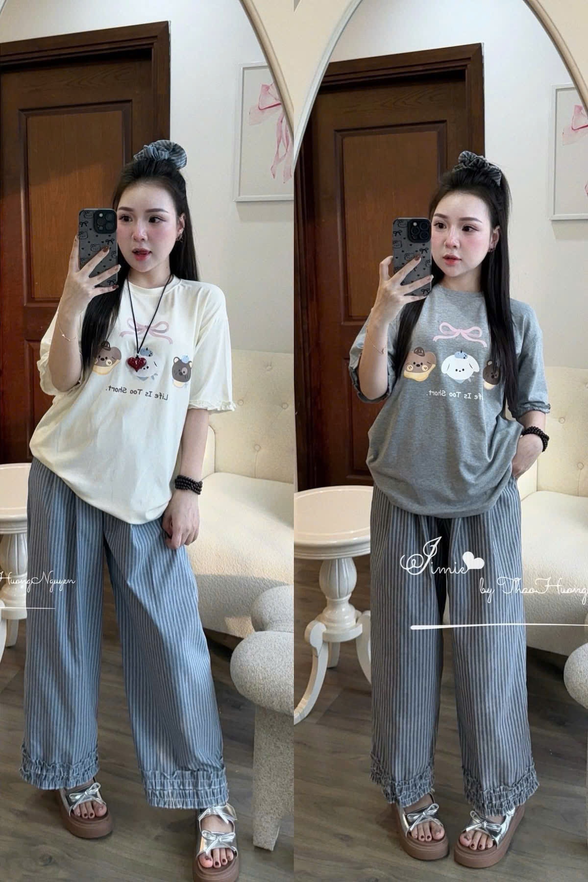 C350 - (GOM) SET BỘ CHÓ NƠ NGỰC QUẦN JEAN GIẤY KẺ