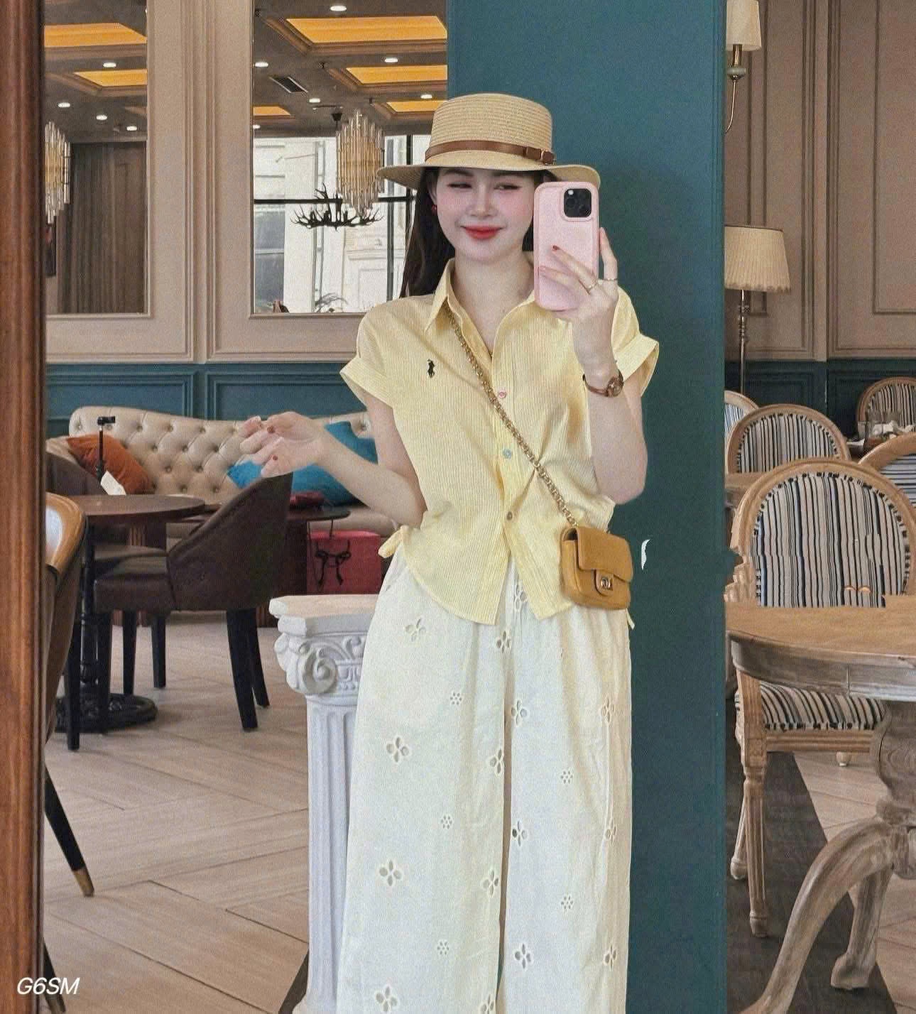 A800 - SET BỘ SƠ MI VÀNG RÚT EO NGỰA QUẦN ĐŨI THÊU HOA