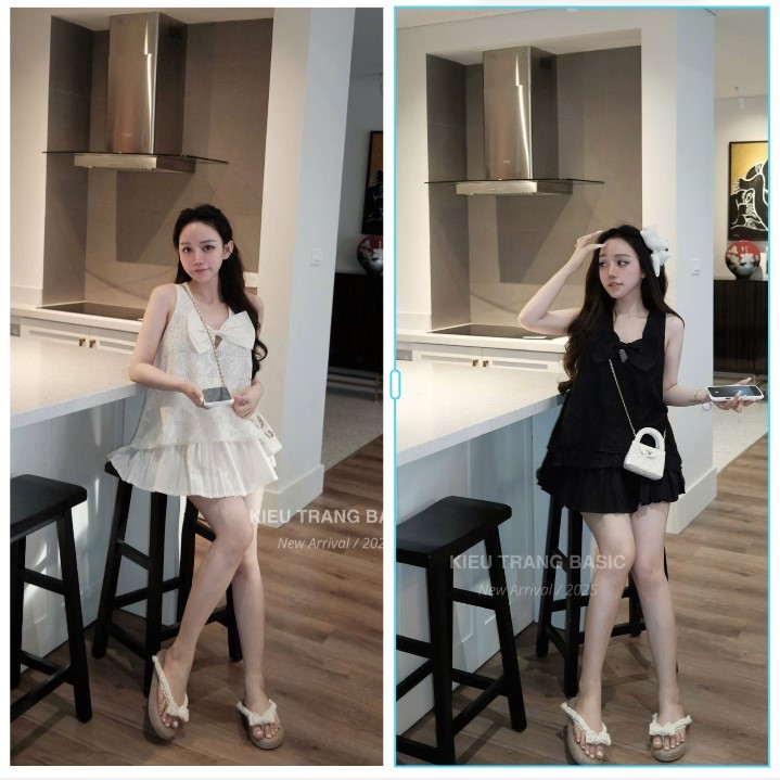 C213 - (GOM) SET ÁO REN MIX CHÂN VÁY XẾP LY