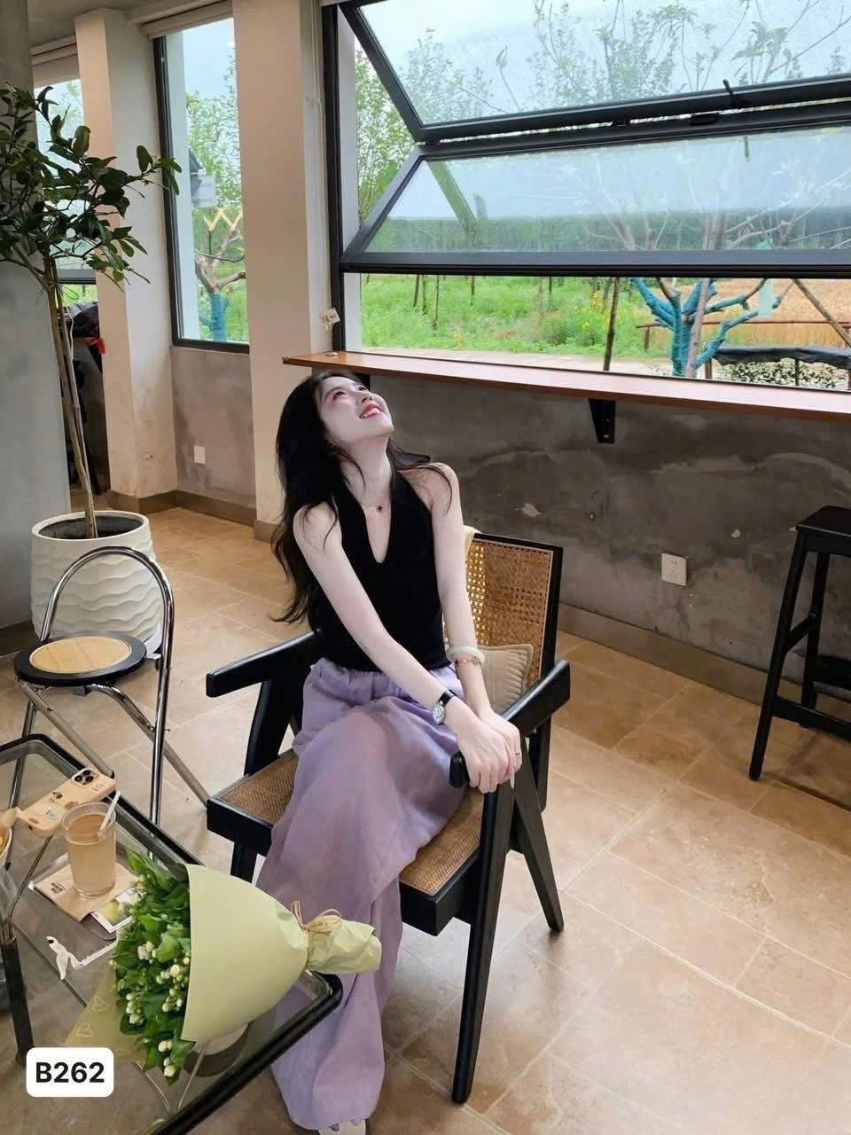 B492 - (GOM) SET ĐŨI YẾM ĐEN QUẦN TÍM