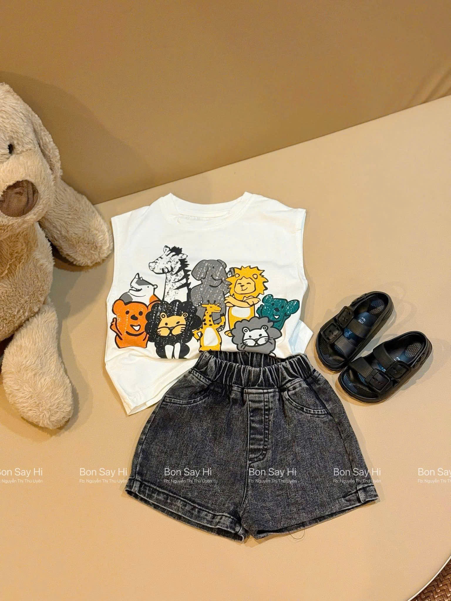 B854 - SET BA LỖ TRẮNG CON VẬT QUẦN JEAN ĐEN