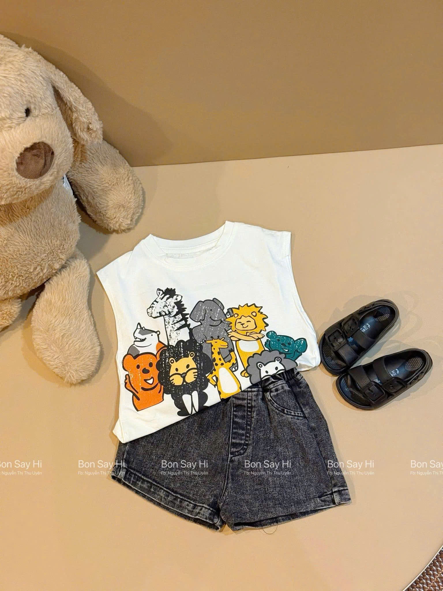 B854 - SET BA LỖ TRẮNG CON VẬT QUẦN JEAN ĐEN