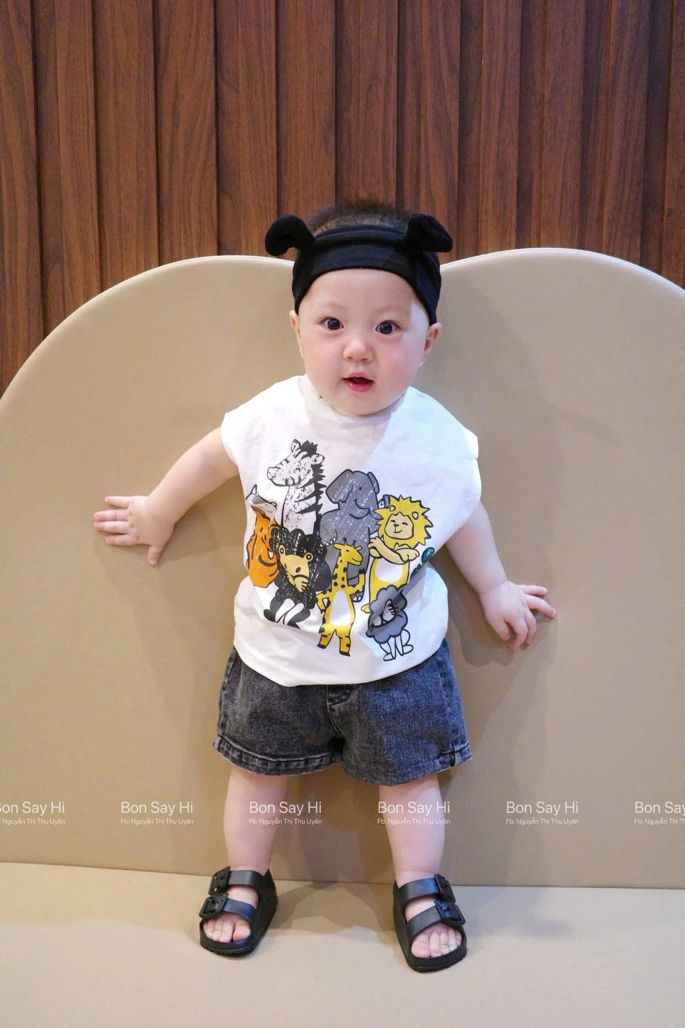 B854 - SET BA LỖ TRẮNG CON VẬT QUẦN JEAN ĐEN