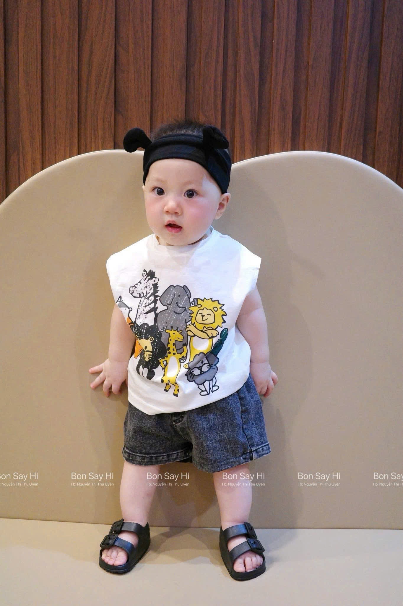 B854 - SET BA LỖ TRẮNG CON VẬT QUẦN JEAN ĐEN