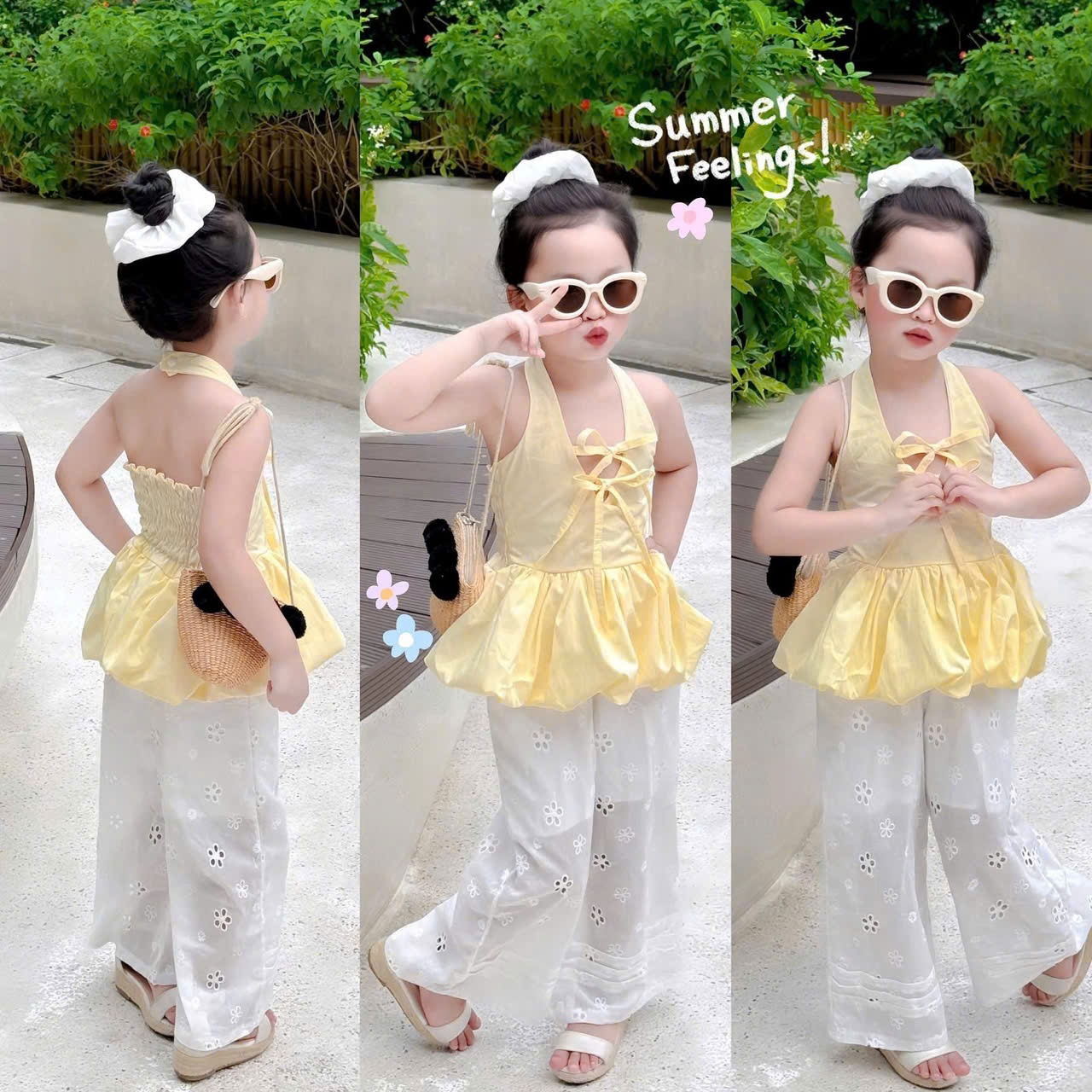 B802 - SET ÁO BÍ VÀNG MIX QUẦN THÊU BOI KÈM DÂY BUỘC TÓC