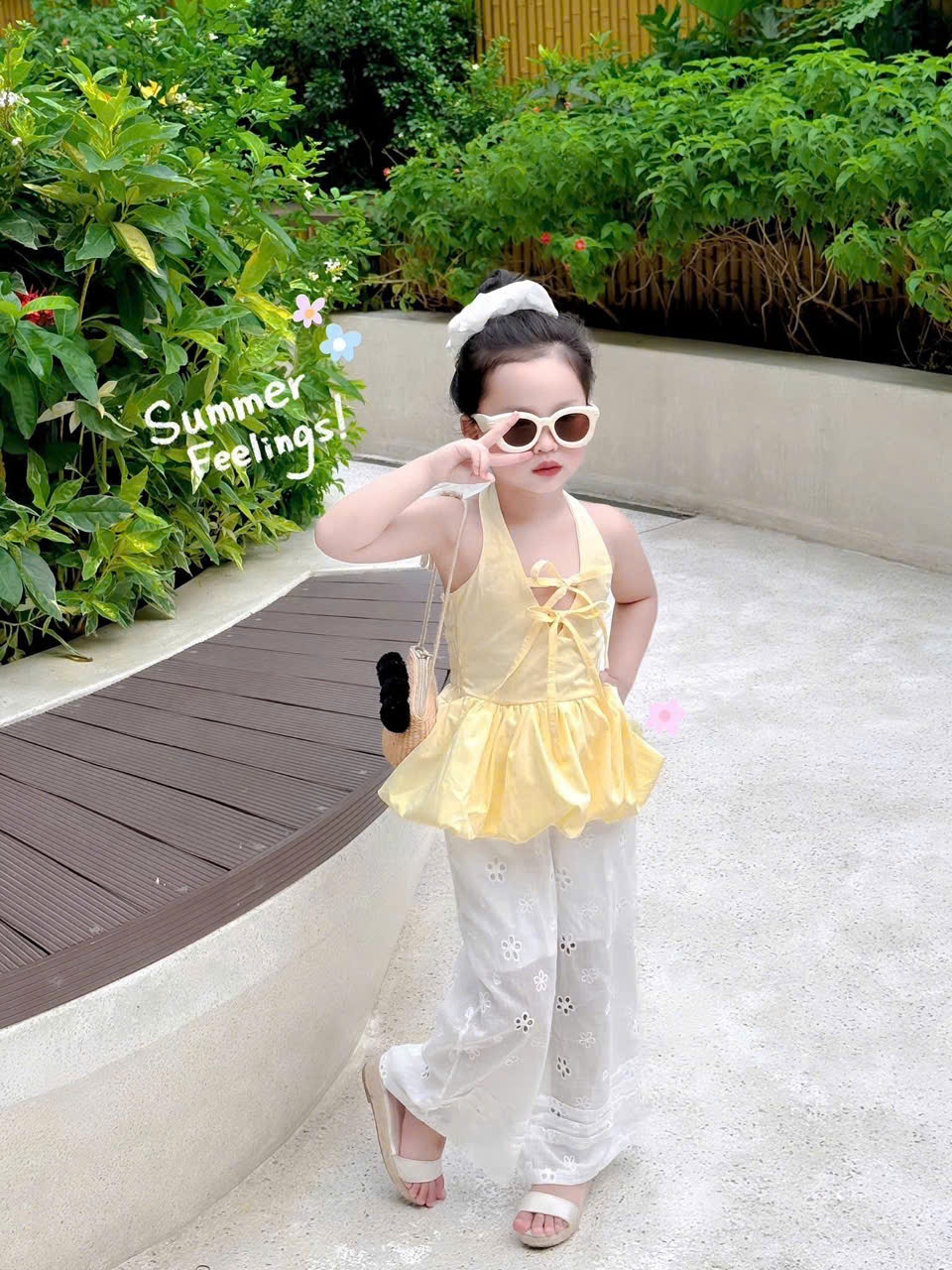 B802 - SET ÁO BÍ VÀNG MIX QUẦN THÊU BOI KÈM DÂY BUỘC TÓC
